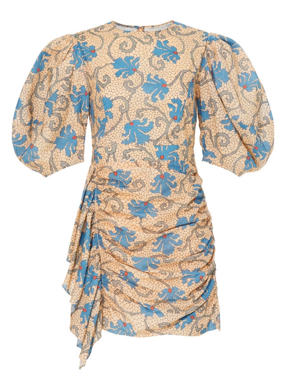 RHODE Beige and Blue Floral Puff-Sleeve Ruched Mini Dress